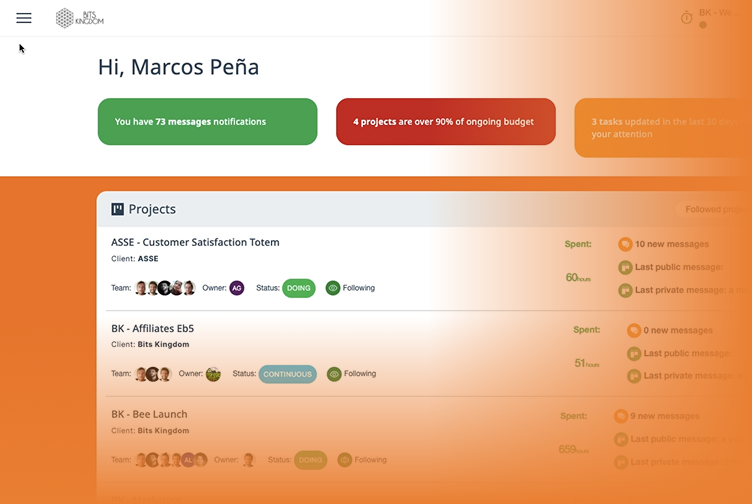 Bee overview showing project notifications and active projects