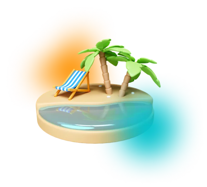 A miniature vacation island with palm trees and a deck chair